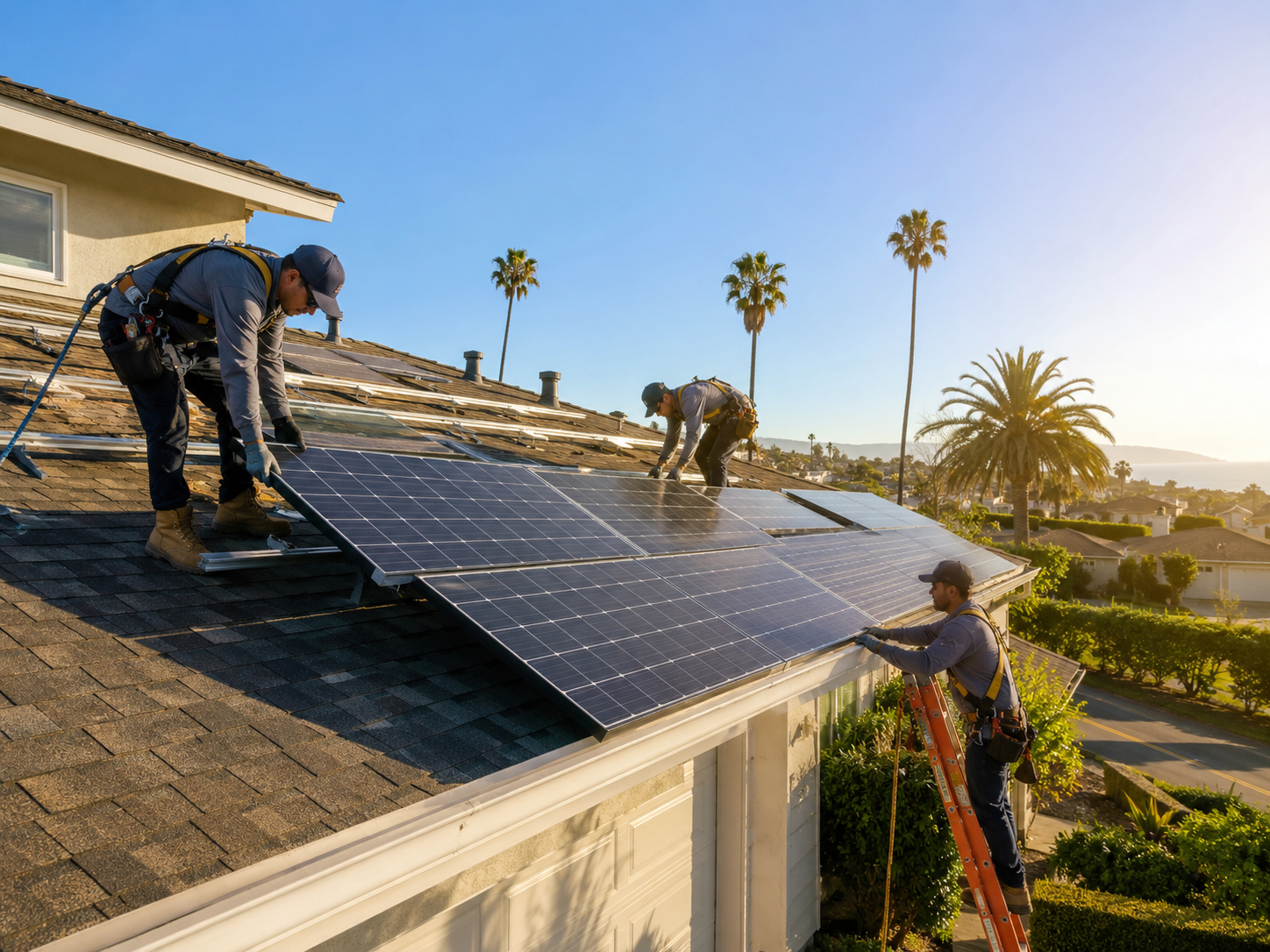 カリフォルニアの太陽の下で屋根に太陽光を設置するABC Solarの現場