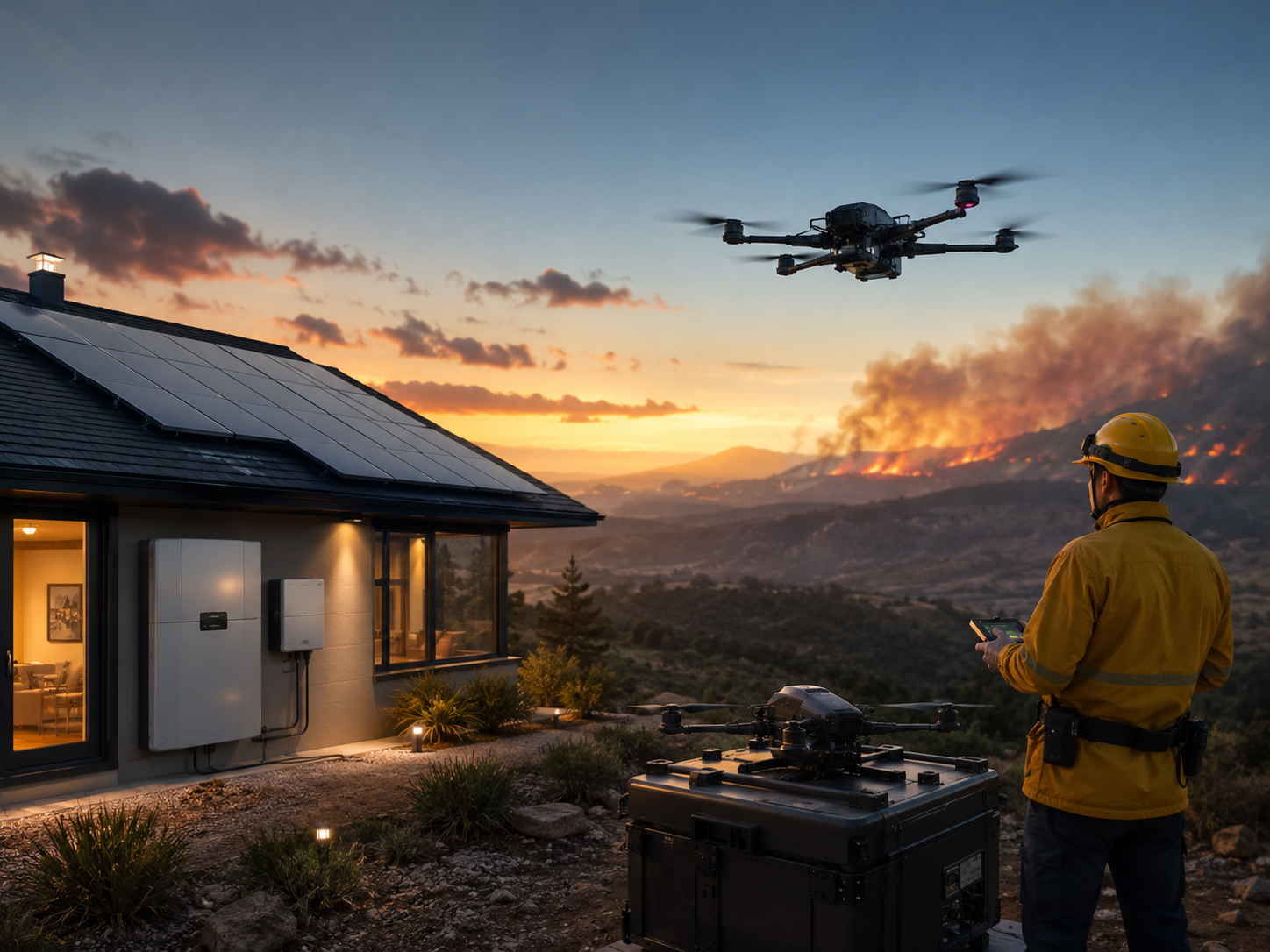 ABC SolarからFREDへ、太陽光、蓄電池、山火事、ドローンがつながるイメージ