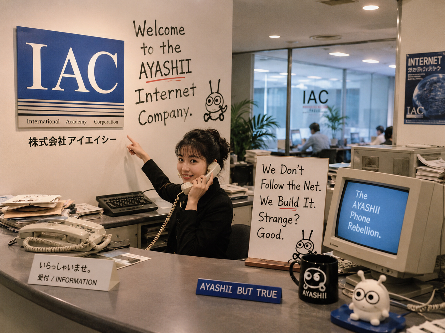 IACをあやしいと読んで電話に出るスタッフと青いIACロゴ