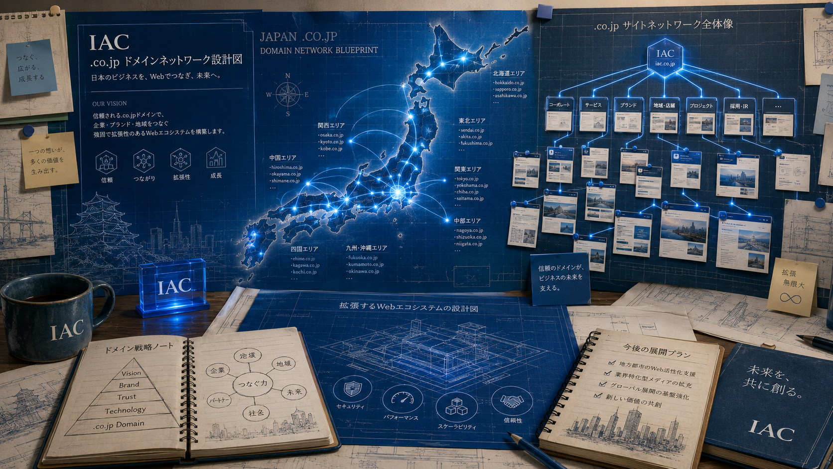 多数の.co.jpドメインが編集ネットワークとして並ぶ設計図