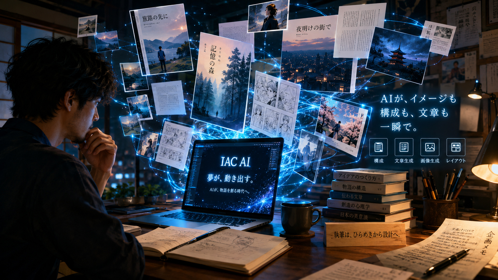 物語を聞きながらAIで画像とHTMLページが生まれていく場面