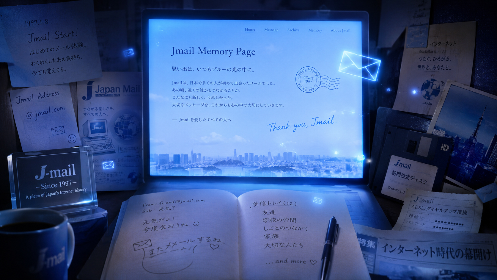 Jmailの記憶がAIによって青いメール画面と文章ページとして戻る場面