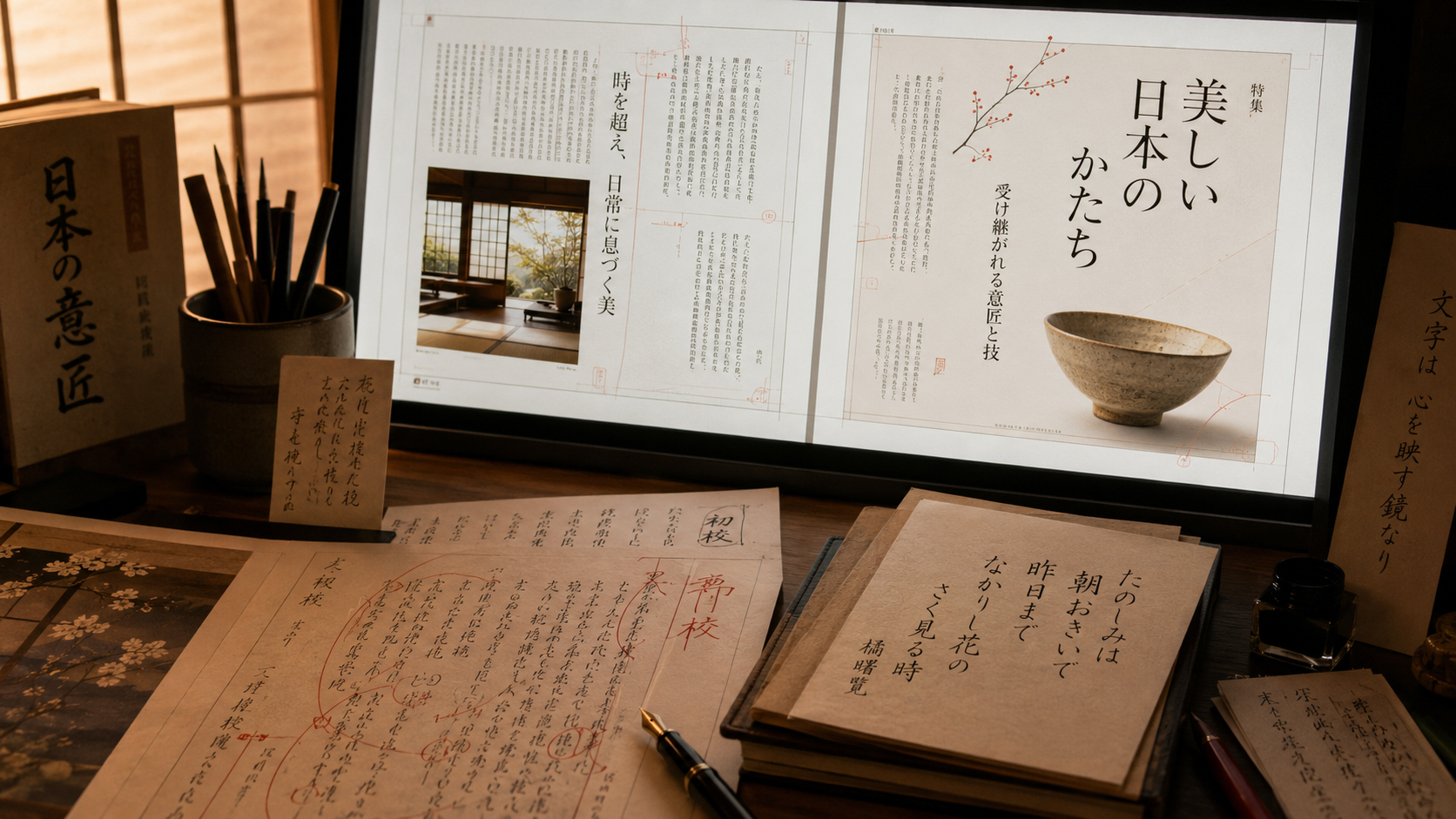 自然な日本語の編集ページとAI制作画面が重なるイメージ