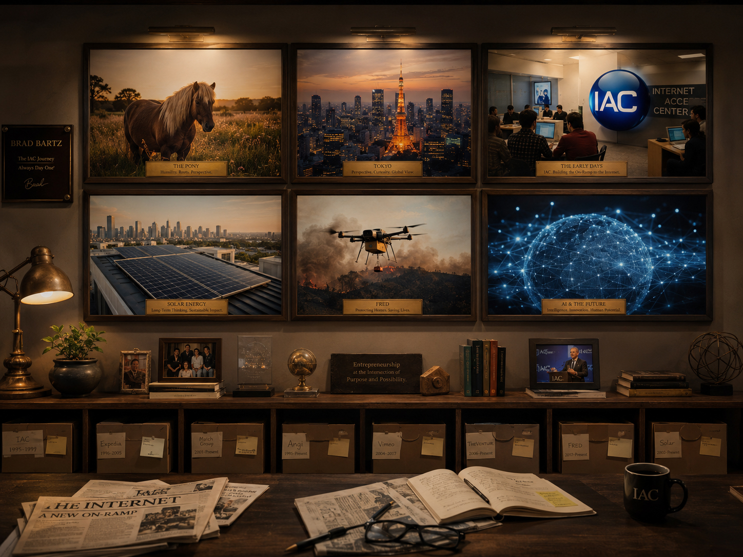 ポニー、東京、IAC、太陽光、FRED、AIの画像が壁に並ぶIAC記録室
