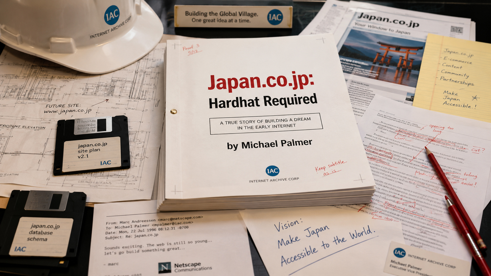 Japan.co.jp Hardhat Requiredの本の証明刷りとIAC記録資料が机に置かれている場面
