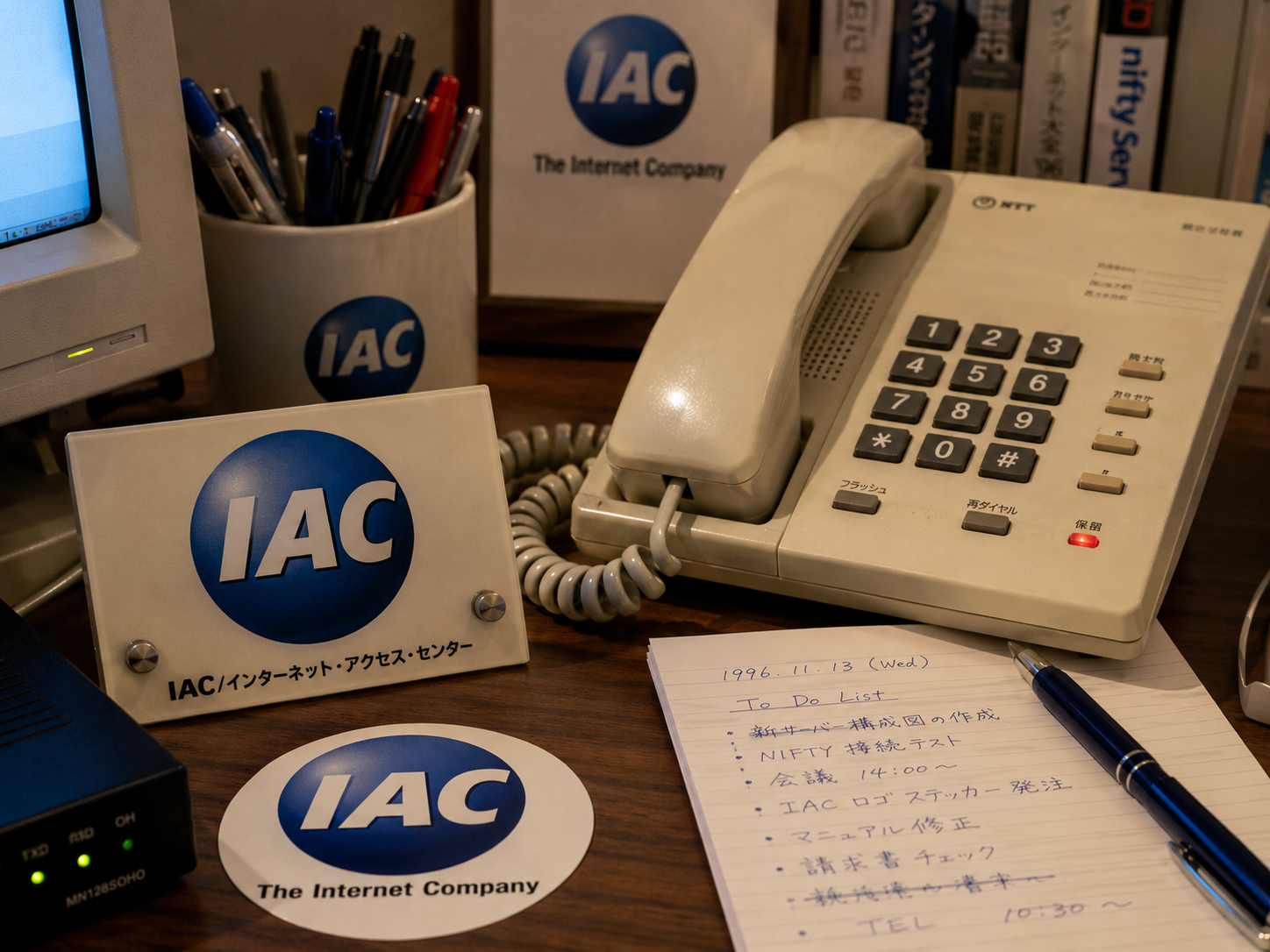 IACの青いボールロゴと電話が置かれた机のクローズアップ