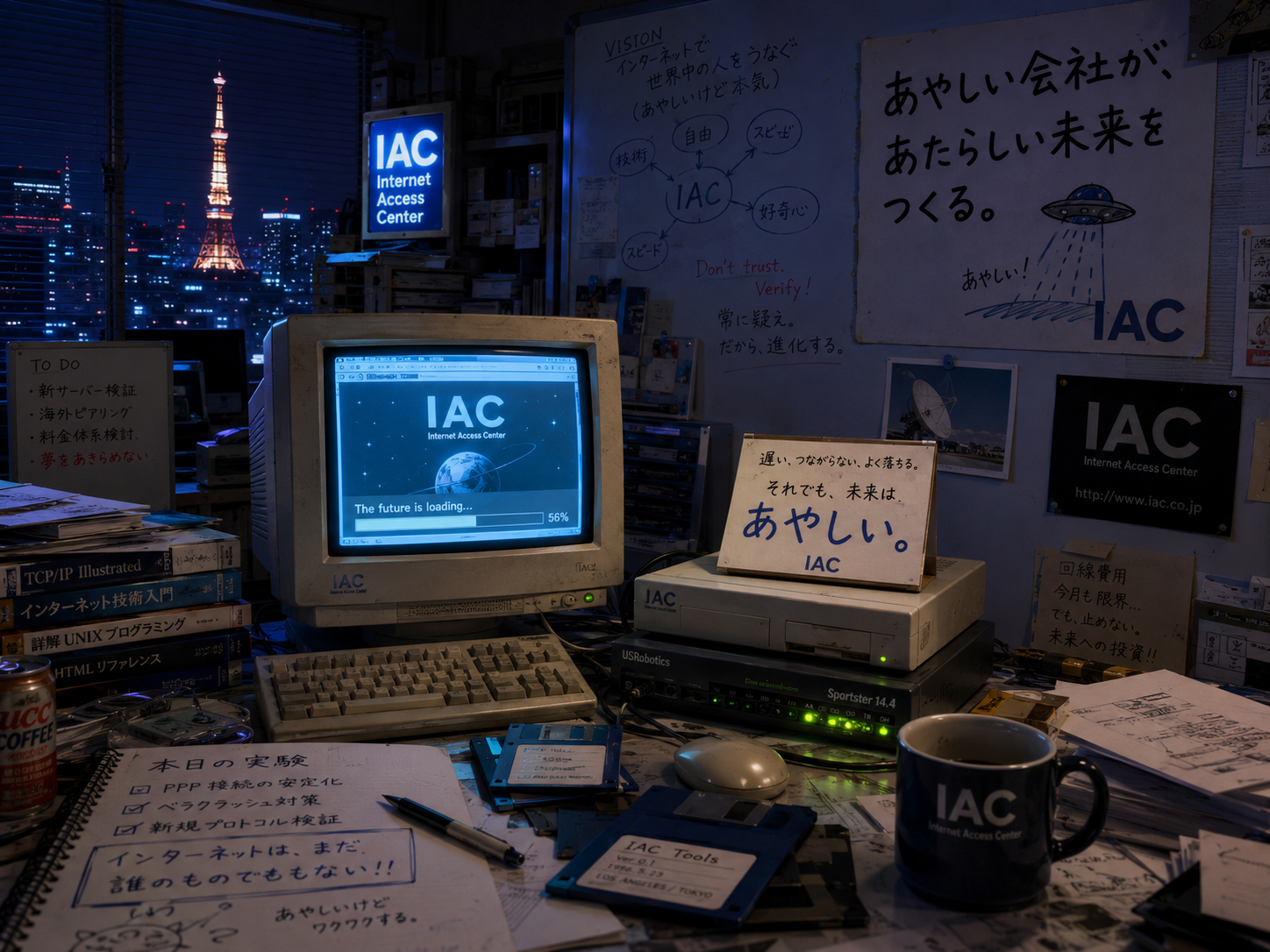 CRT、モデム、電話線が怪しくも未来的に見えるIACの机