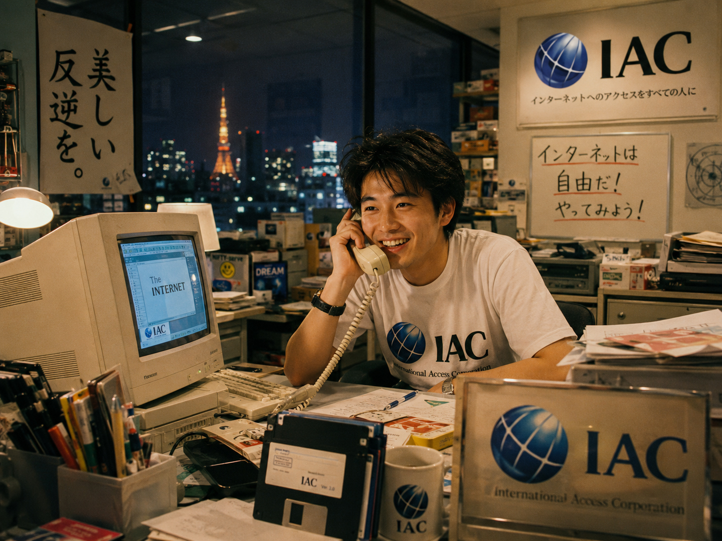 IACスタッフが電話に出て「あやしい」と名乗る美しい反乱の場面