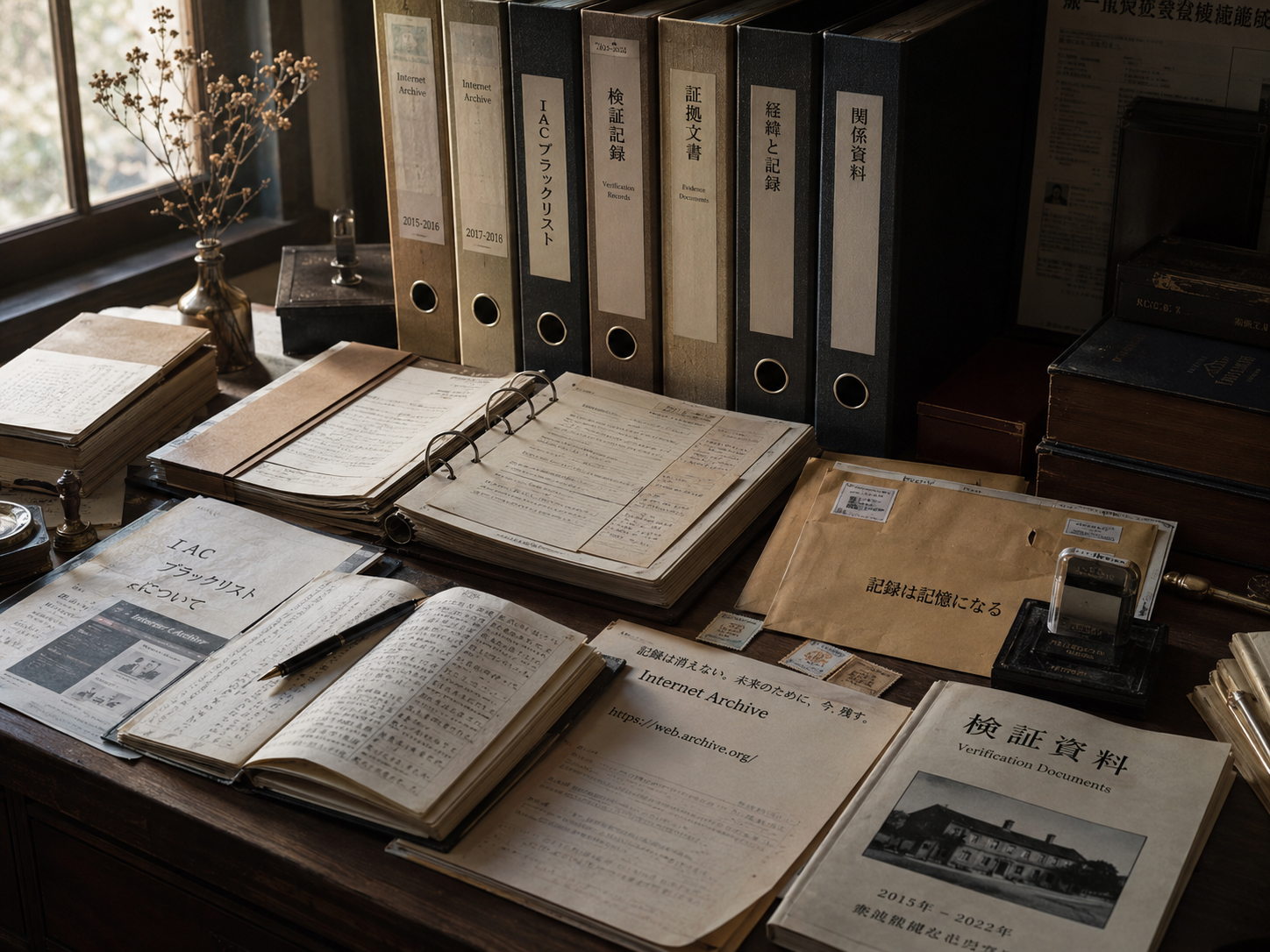 怒りが記録に変わる、書類と柔らかな光のアーカイブ風景