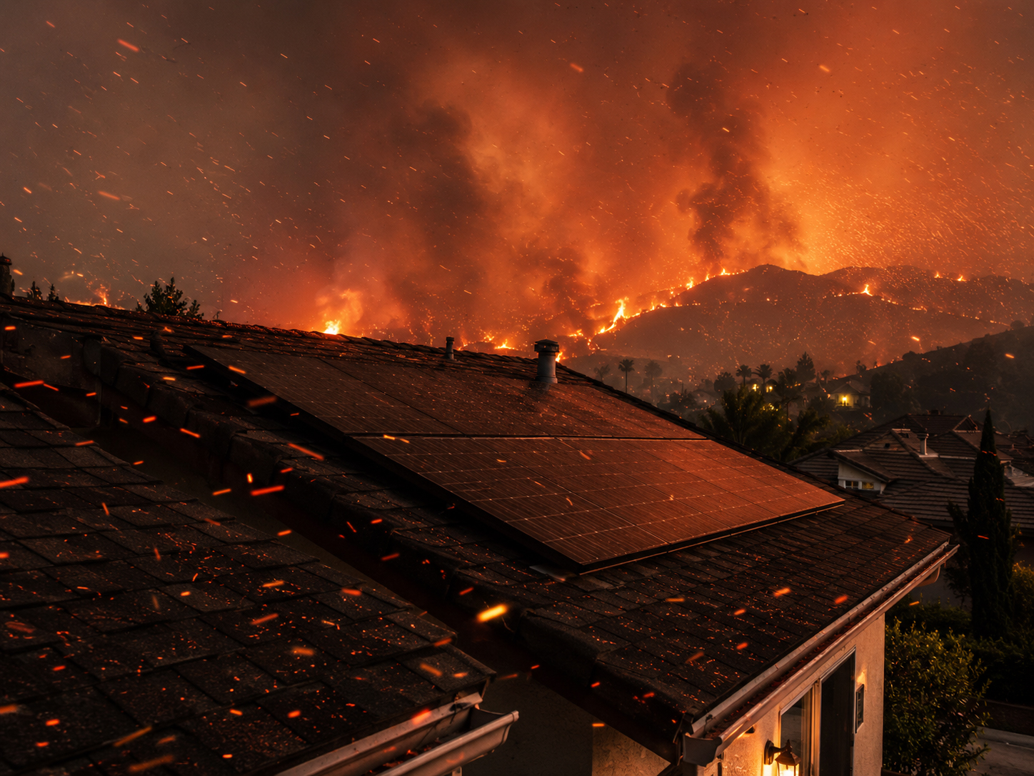山火事の風に乗って住宅の屋根へ飛んでくる火の粉