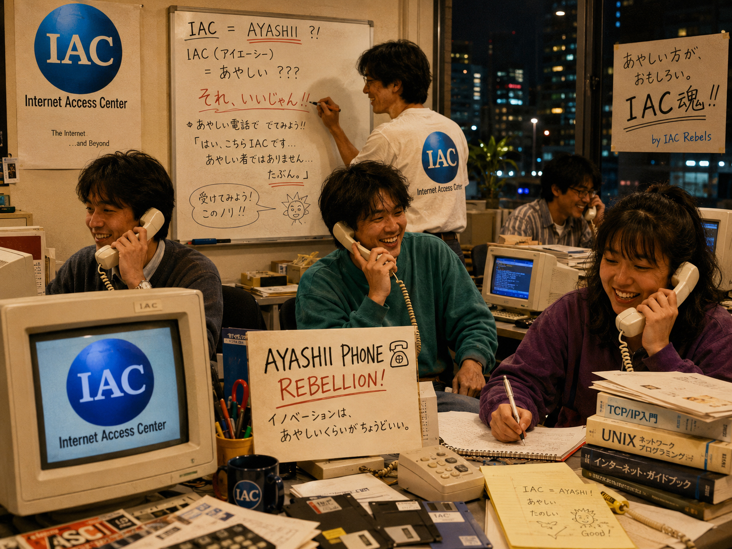 IACからあやしい会社の章へつながる電話と青いロゴのイメージ