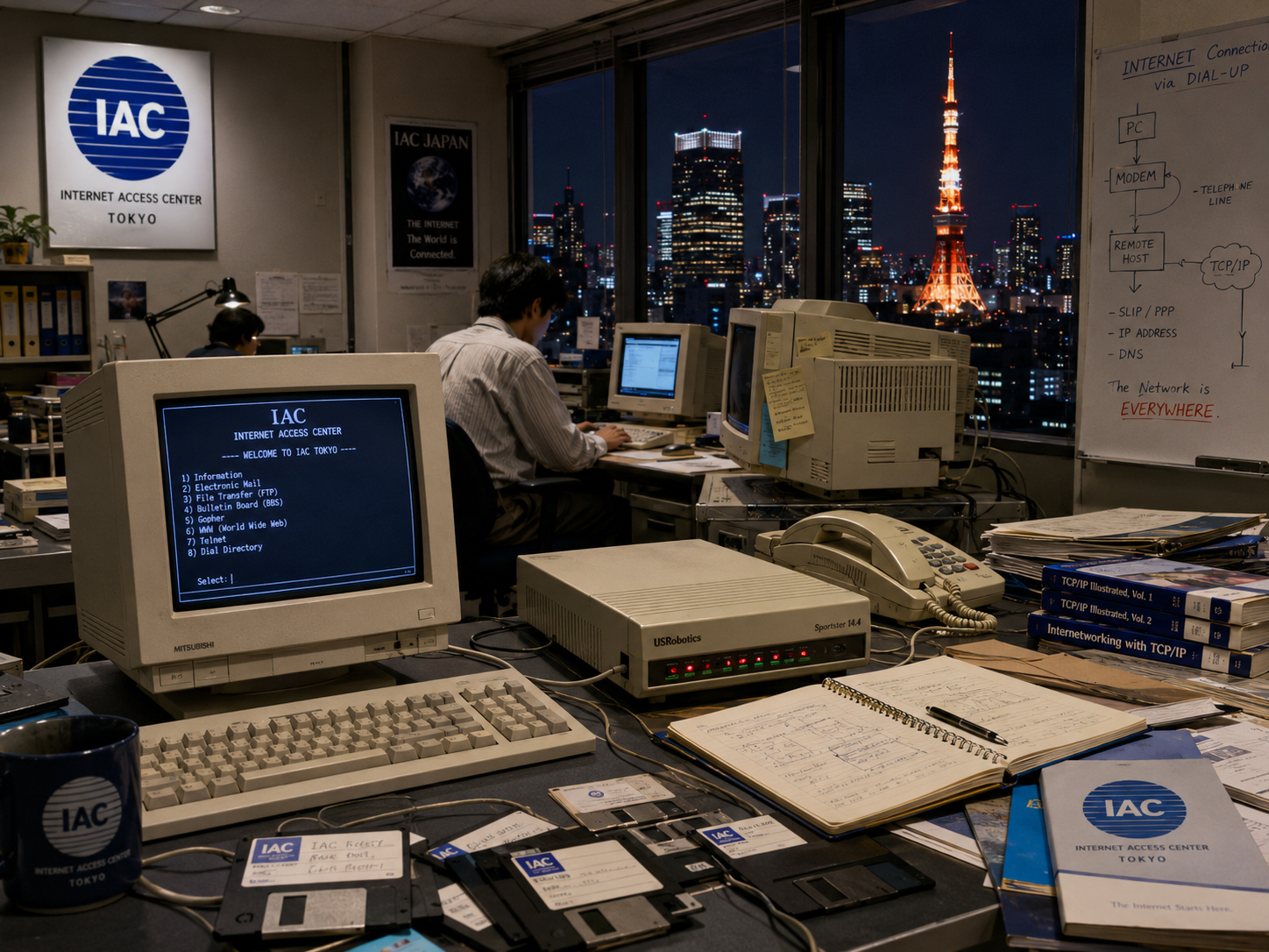 CRT、モデム、フロッピー、新聞が並ぶInternet Access Centerの東京オフィス