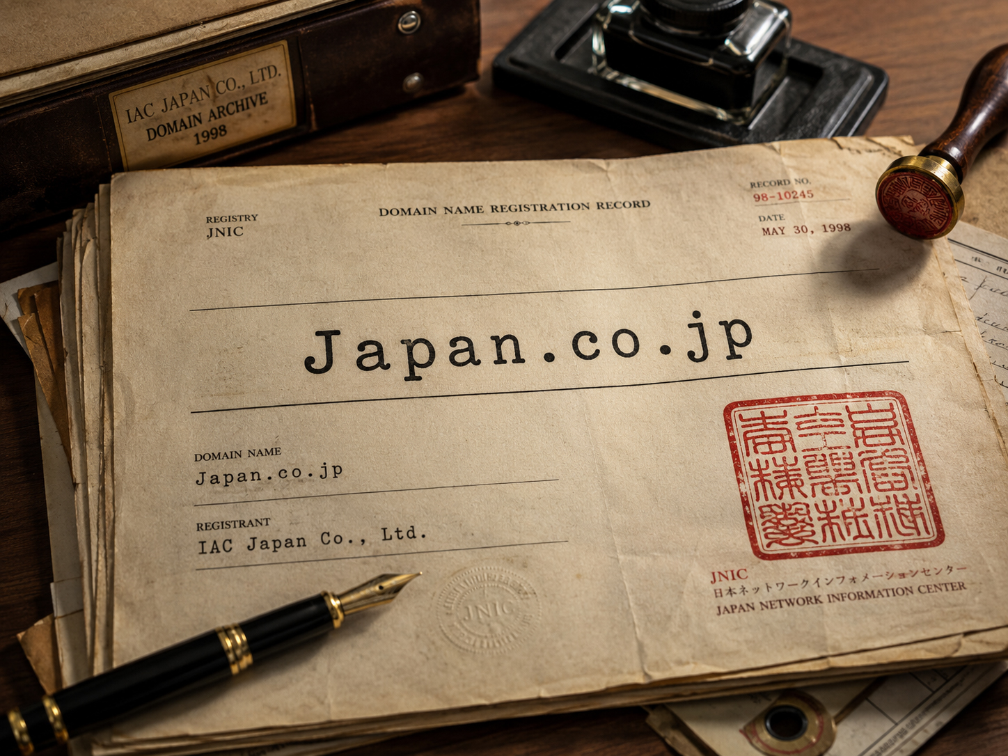 Japan.co.jpというドメイン名が記されたアーカイブ紙と赤い印