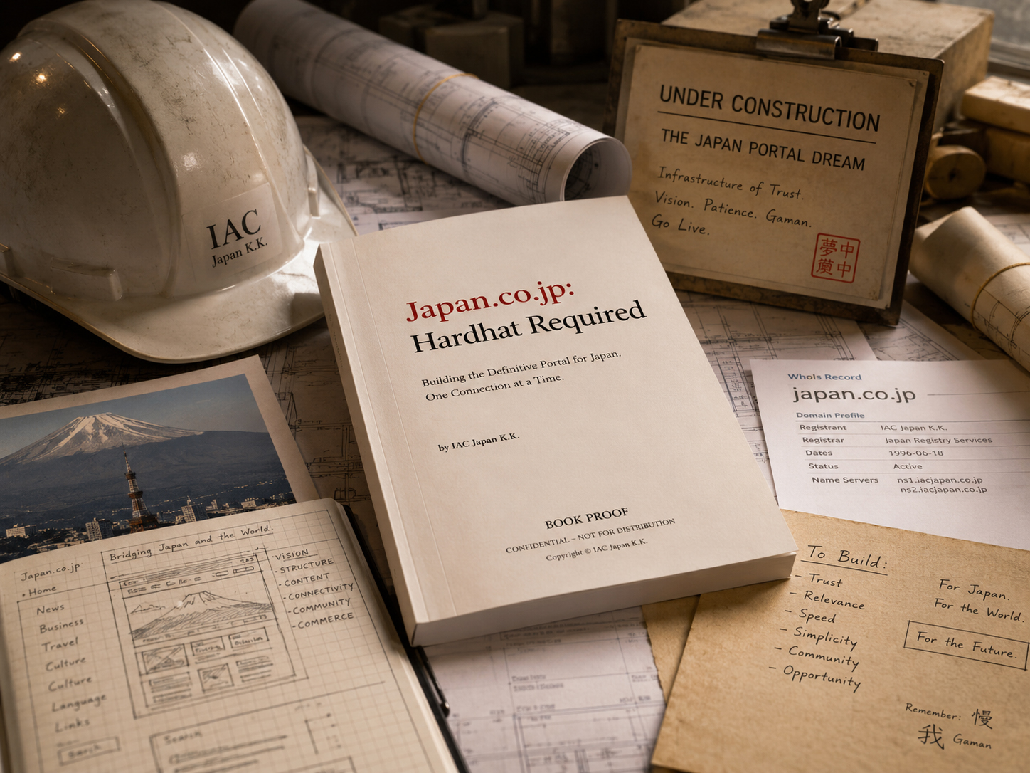Japan.co.jp Hardhat Requiredの本と建設中のドメインの夢を象徴する場面
