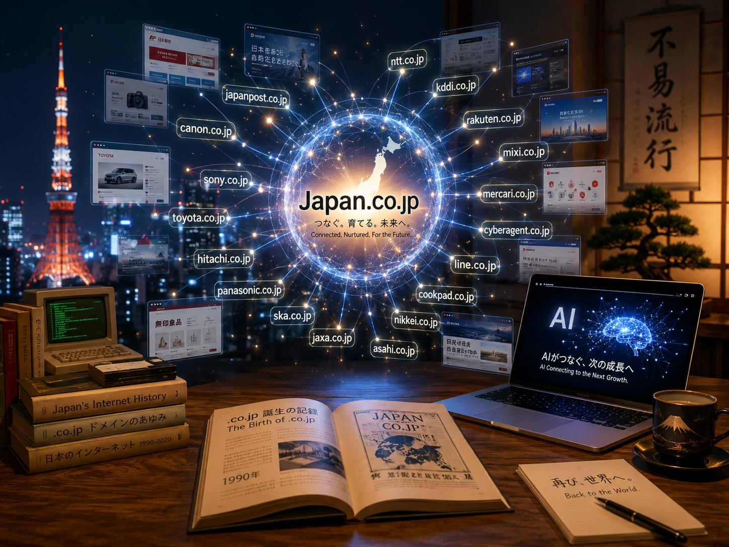 Japan.co.jpを中心に日本語ドメインネットワークがAIで動き出すイメージ