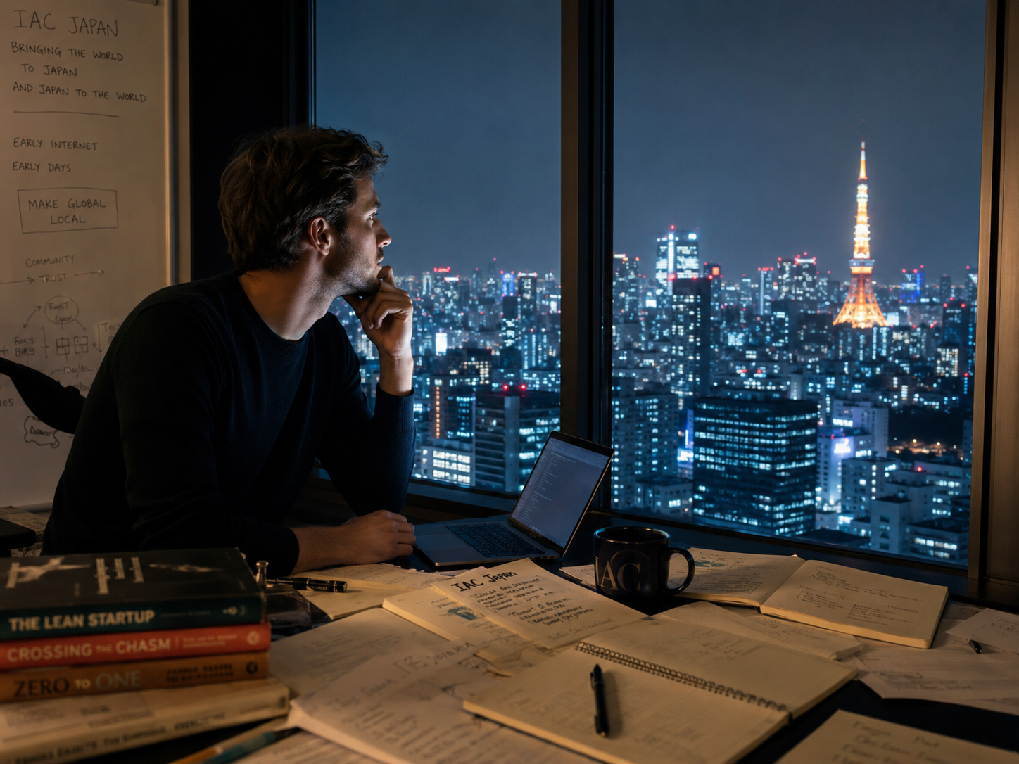 東京のオフィス窓から街を見る外国人起業家の視点