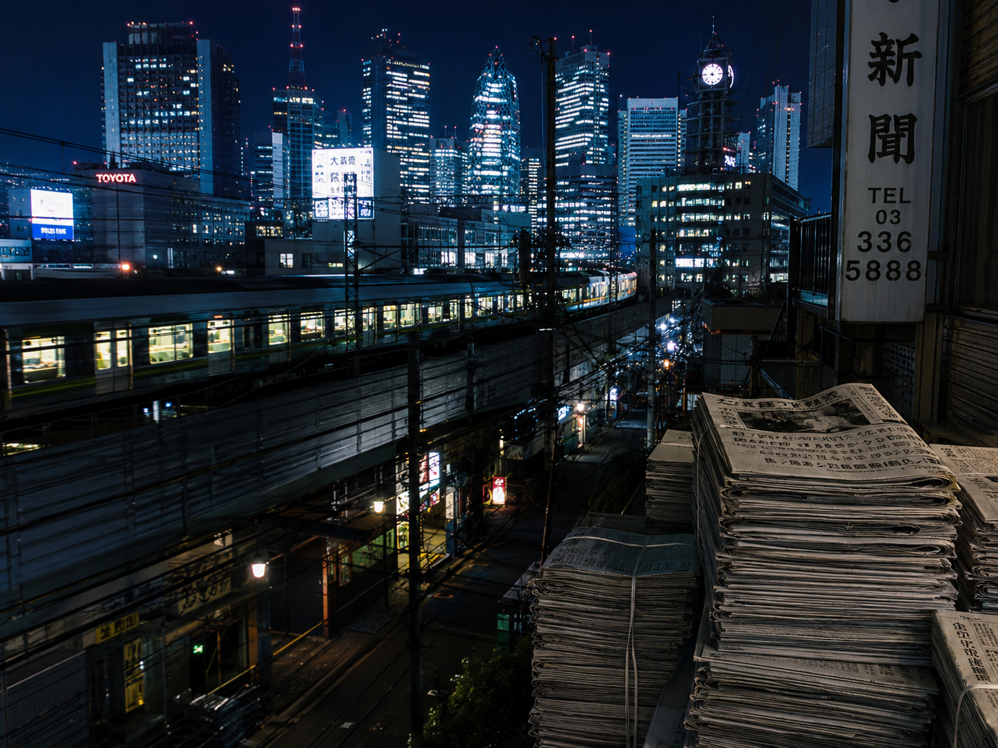 東京の夜、電車、新聞、電話線が重なる初期インターネット前夜の景色