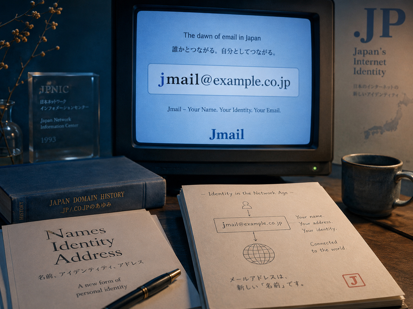 Jmailという名前、メールアドレス、Jの文字が重なるイメージ