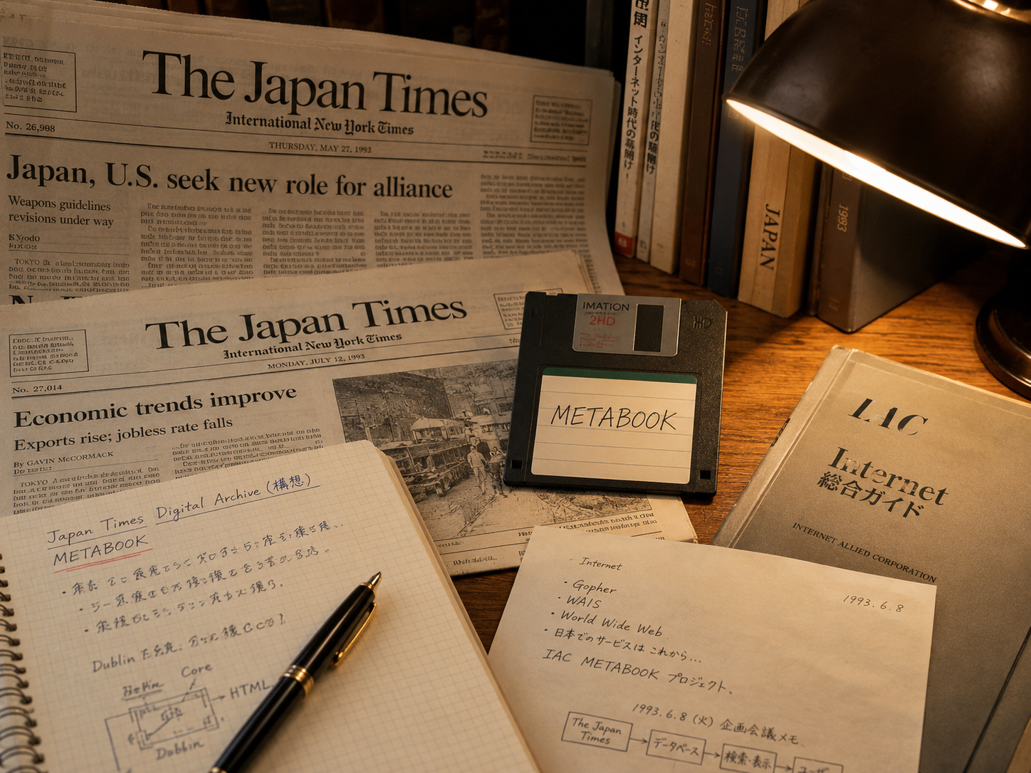 The Japan TimesとMetabookのフロッピーディスクが置かれたアーカイブ机