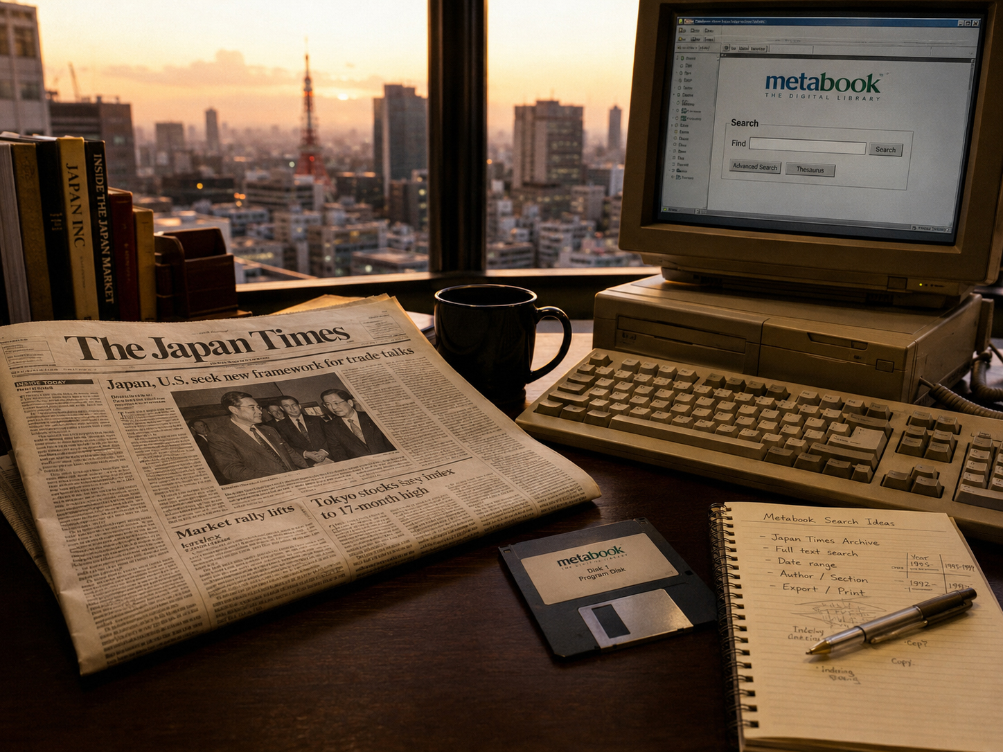 東京の机に置かれたThe Japan Timesとフロッピーディスク