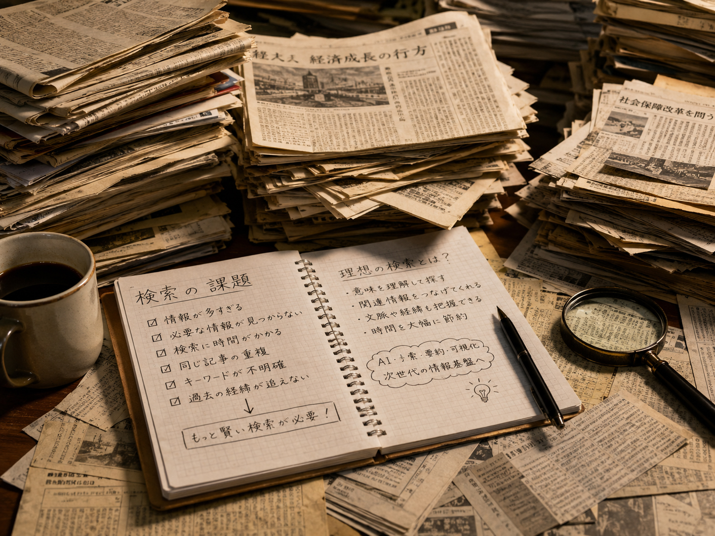紙の新聞が積み上がり、情報を探す難しさを示す机の上の場面