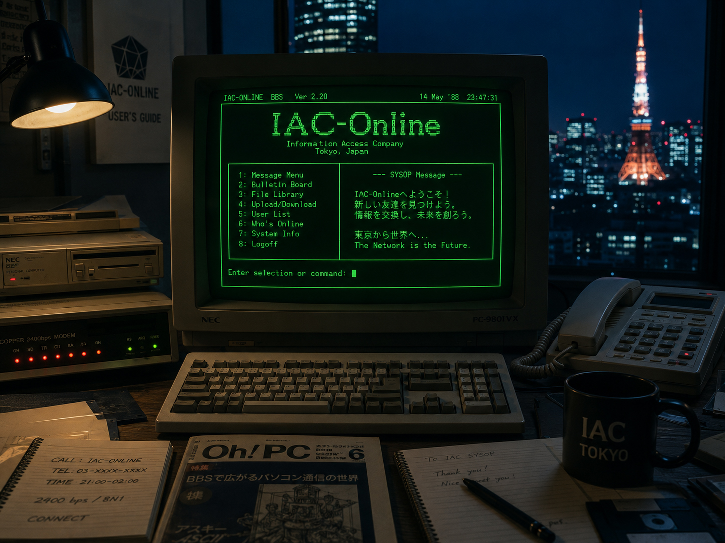 東京の夜、緑色の画面にIAC-OnlineのBBSが表示されている場面