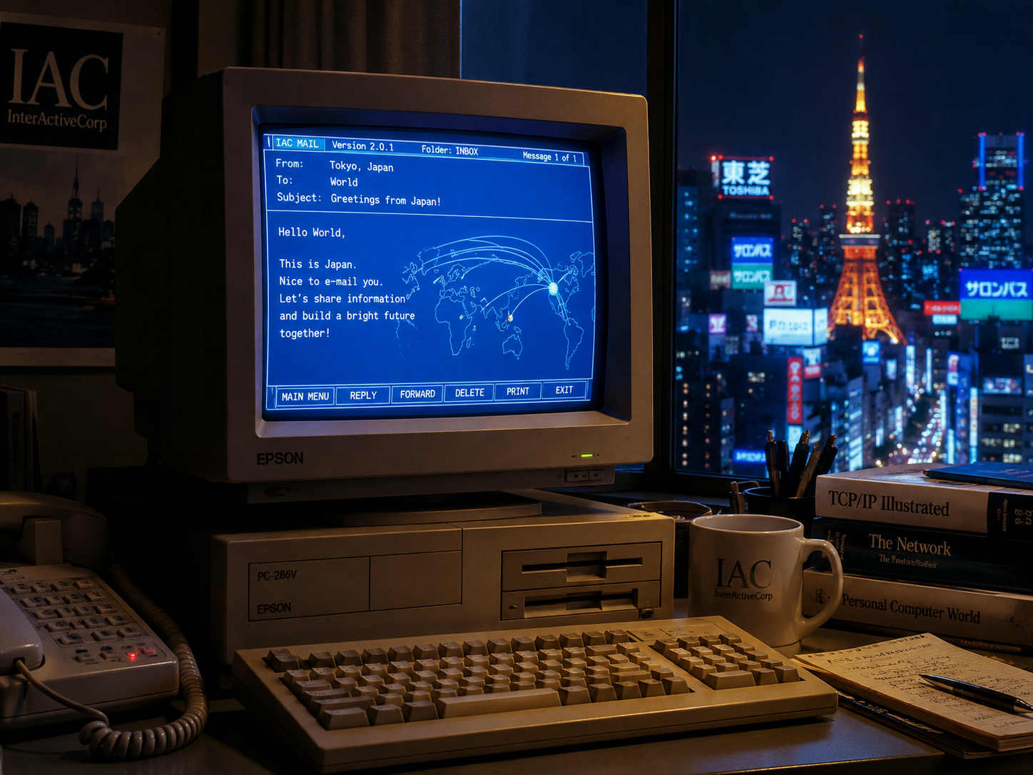 初期の電子メール画面と日本から世界へ届くメッセージのイメージ