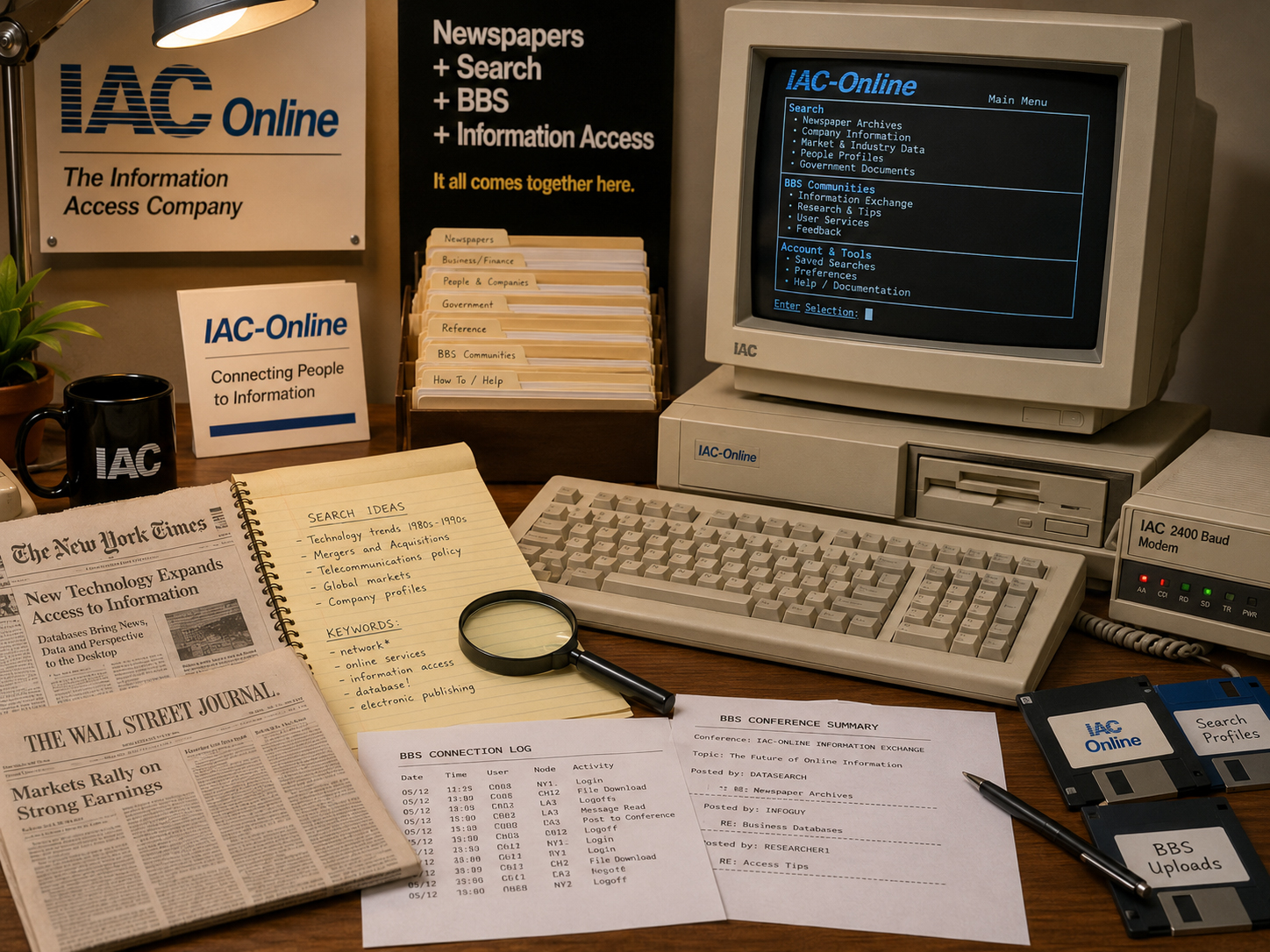 新聞、検索画面、BBS、モデムが並ぶIAC-Onlineの机