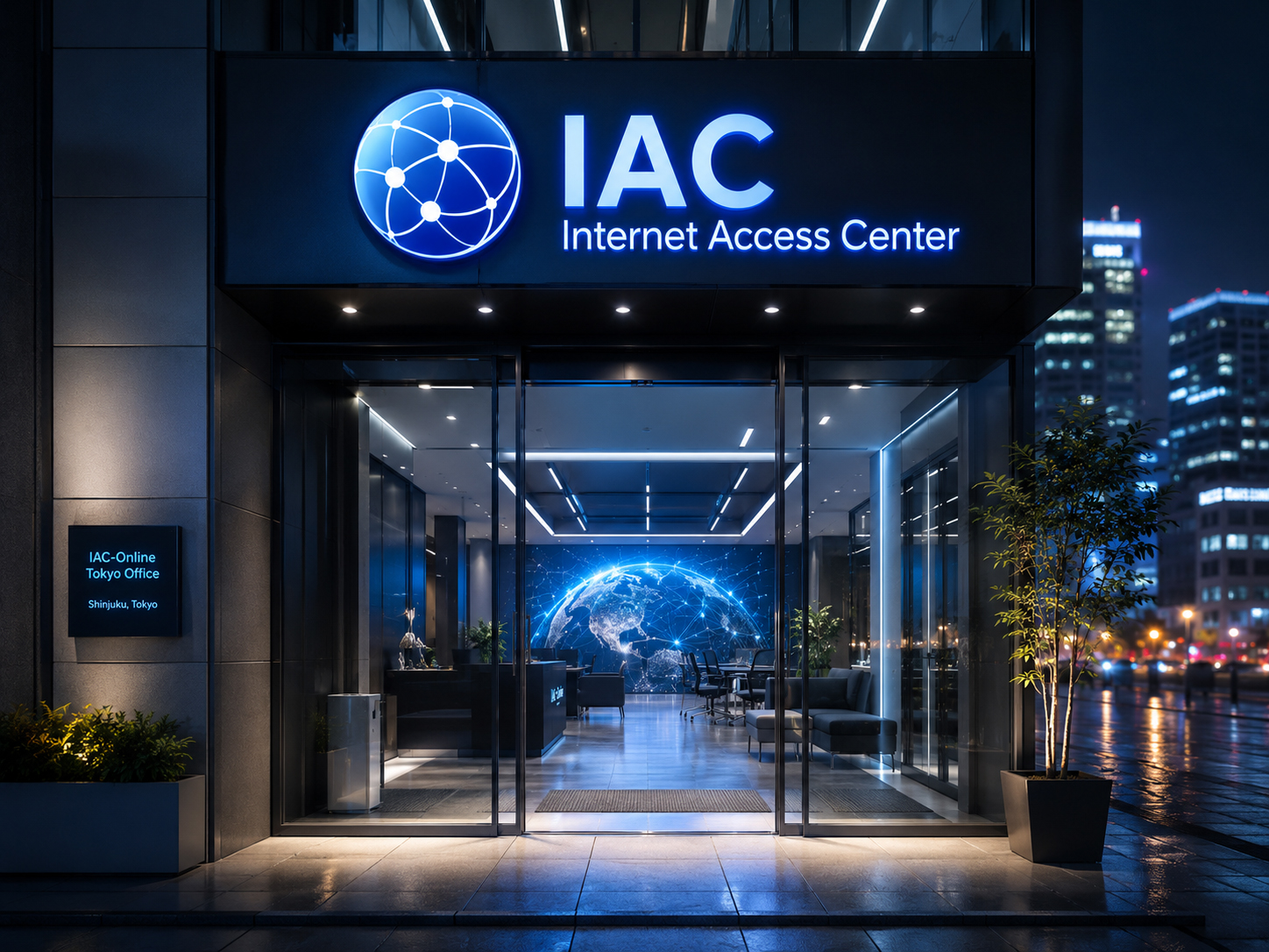 IAC-OnlineからInternet Access Centerへ進む青いロゴと入口のイメージ