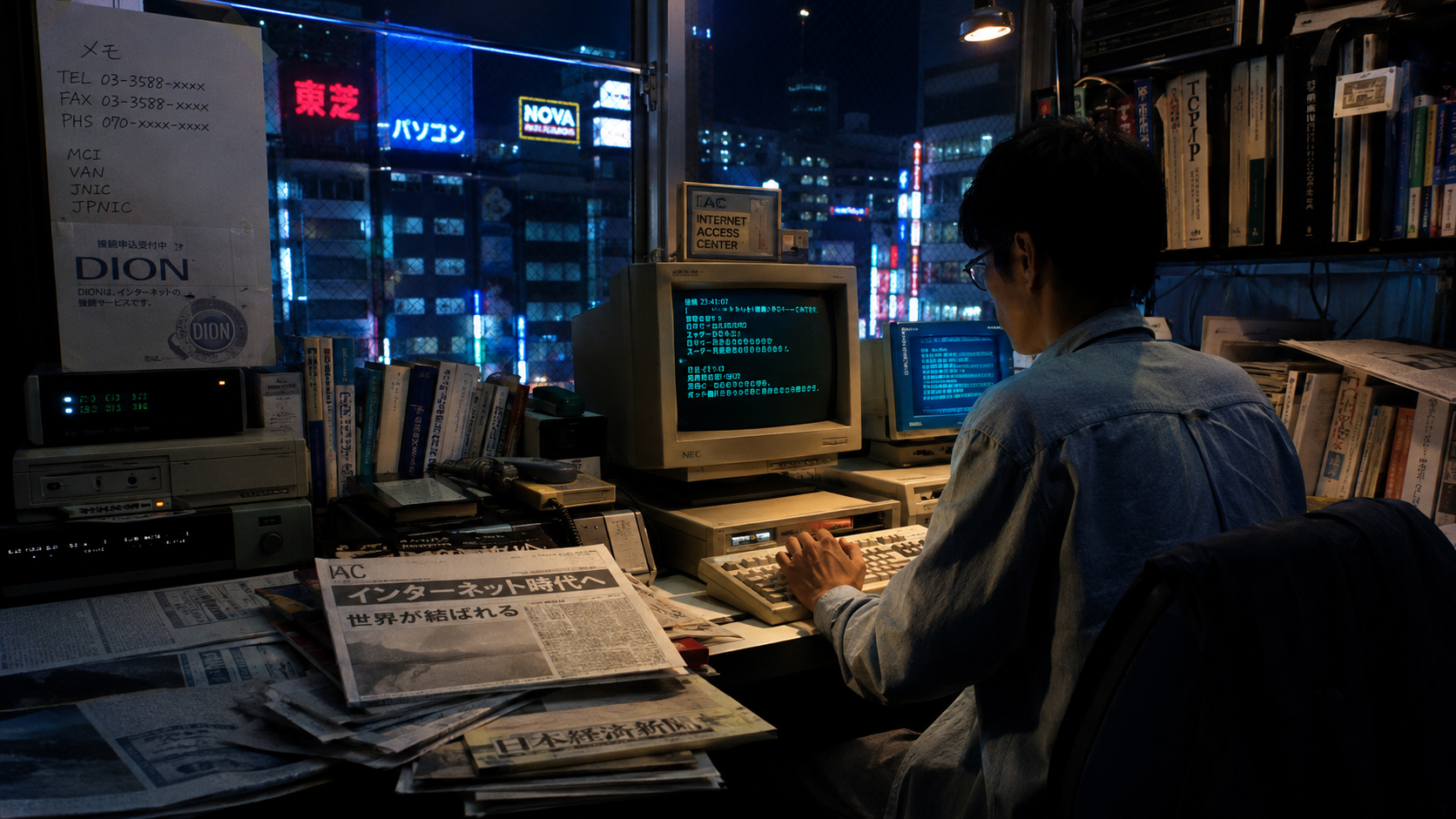 東京の夜、CRT、モデム、新聞、掲示板のあるIAC-Onlineの記憶