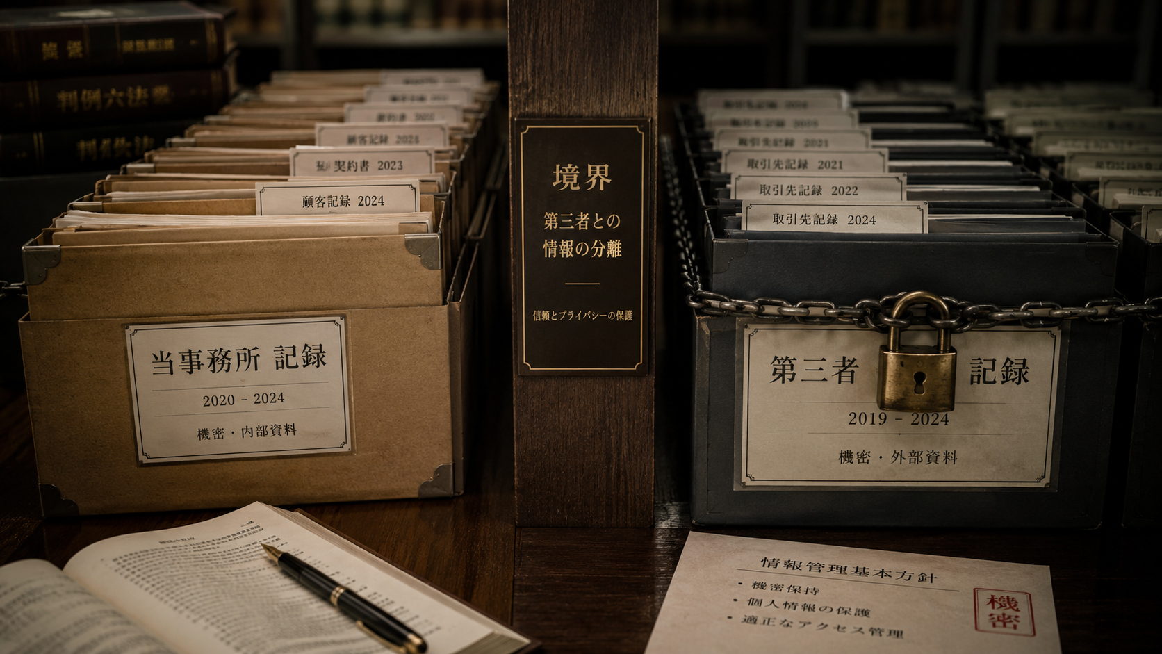 第三者提供と情報管理の境界を示す鍵付き資料棚