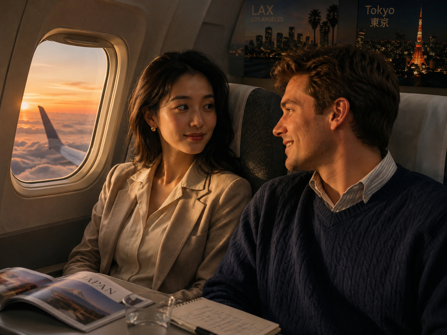 LAXから東京へ向かう韓国航空の飛行機で始まるBradとTomokoの出会い